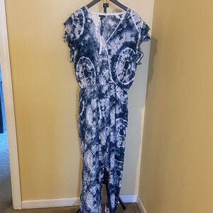 Coco + Carmen Blue and White Lace Trim Jumpsuit